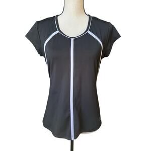 FILA Short Sleeve Activewear Top Black White Stripe Women's Medium Round Neck
